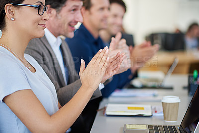 Buy stock photo Business people, clapping and motivation in boardroom for results, support and celebration of goals. Colleagues, applause and proud of company victory or achievement, unity and solidarity in office