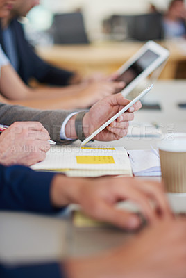 Buy stock photo Businesspeople hands, tablet and seminar for company or meeting in boardroom. Corporate, group and paperwork in office for teamwork, collaboration and planning in workplace for workshop or conference