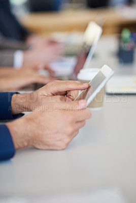 Buy stock photo Hands, tablet or computer and business people in meeting researching, internet browsing or networking in office. Technology, planning or working employee with coworkers, typing or online in workplace