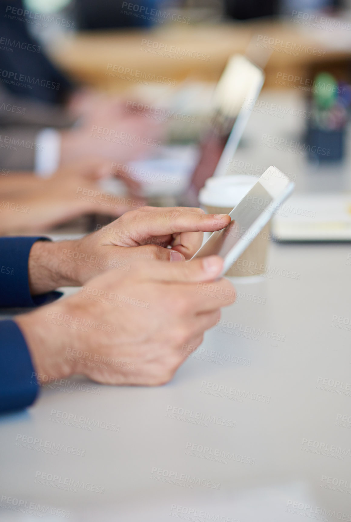 Buy stock photo Hands, tablet or computer and business people in meeting researching, internet browsing or networking in office. Technology, planning or working employee with coworkers, typing or online in workplace