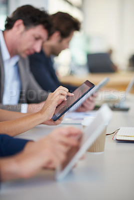 Buy stock photo Hands, tablet and business people in meeting for research, internet browsing or networking in office. Technology, planning and working employee with colleagues, typing or online in workplace