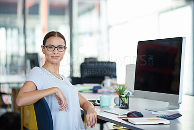 Buy stock photo Businesswoman, portrait and smile with computer and notepad in creative office for digital design. Happy, female designer and working with computer at desk for online website with graphic art
