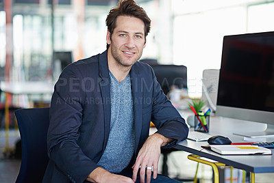 Buy stock photo Professional, computer and businessman in portrait in office for corporate work, career and business analyst for startup project. Man with smile, notebook and desktop for connectivity in workplace