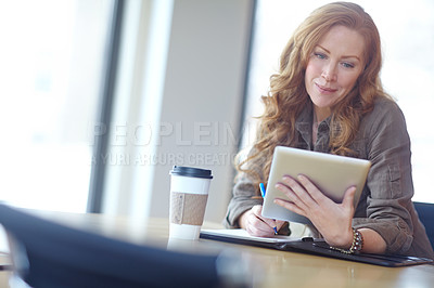 Buy stock photo Documents, reading and signature of woman with tablet for email, internet or plan for job in creative career. Vision, idea and editor of magazine or tech in workspace for contact, web or social media