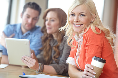 Buy stock photo Woman, portrait and business meeting in modern office for planning project, startup and teamwork. Small business, tablet and creative collaboration in office for career, global company and innovation