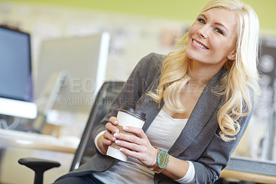 Buy stock photo Happy, portrait and woman in office for coffee break, relax and calm in morning for schedule. Creative, designer and takeaway matcha, espresso and drink at desk for energy in company workplace.