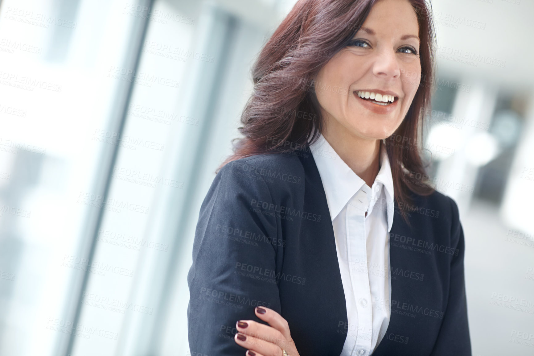 Buy stock photo Lawyer, portrait and confident or woman in workplace, justice worker and professional attorney in law firm. Business, pride and legal consultant or representative, corporate office and happy career