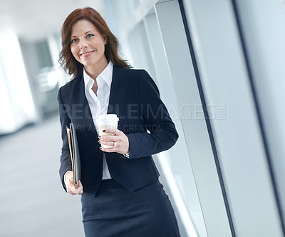 Buy stock photo Portrait, office and businesswoman in lobby with coffee, documents or report at legal consultancy. Tea beverage drink, happy advisor or confident lawyer with files, folder and paperwork in law firm