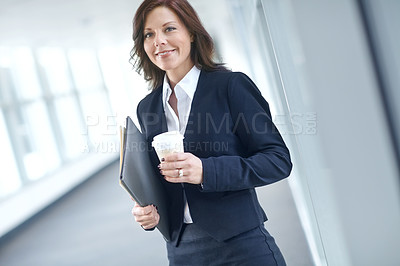 Buy stock photo Portrait, smile and businesswoman in lobby with coffee, documents or report at legal consultancy. Tea beverage drink, happy advisor or confident lawyer with files, folder and paperwork in law firm