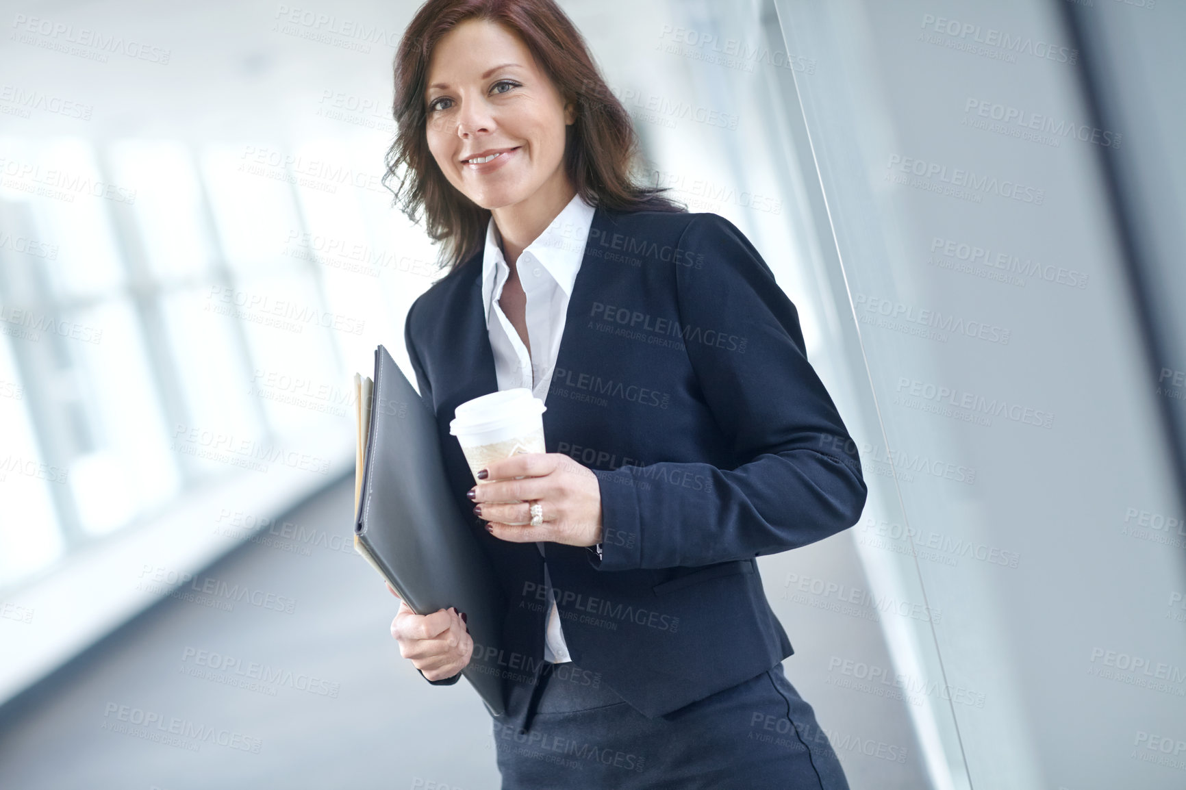 Buy stock photo Portrait, smile and businesswoman in lobby with coffee, documents or report at legal consultancy. Tea beverage drink, happy advisor or confident lawyer with files, folder and paperwork in law firm