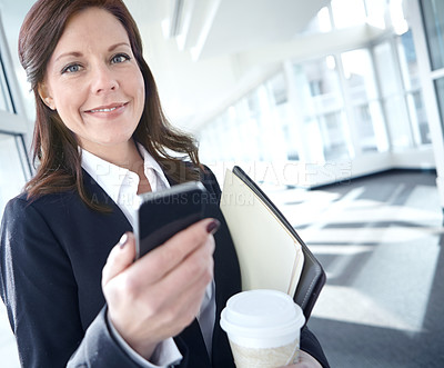 Buy stock photo Businesswoman, smile and attorney portrait with smartphone, coffee or browse internet for court proceedings. Legal, representative and lawyer for communication, law firm or online for justice advice