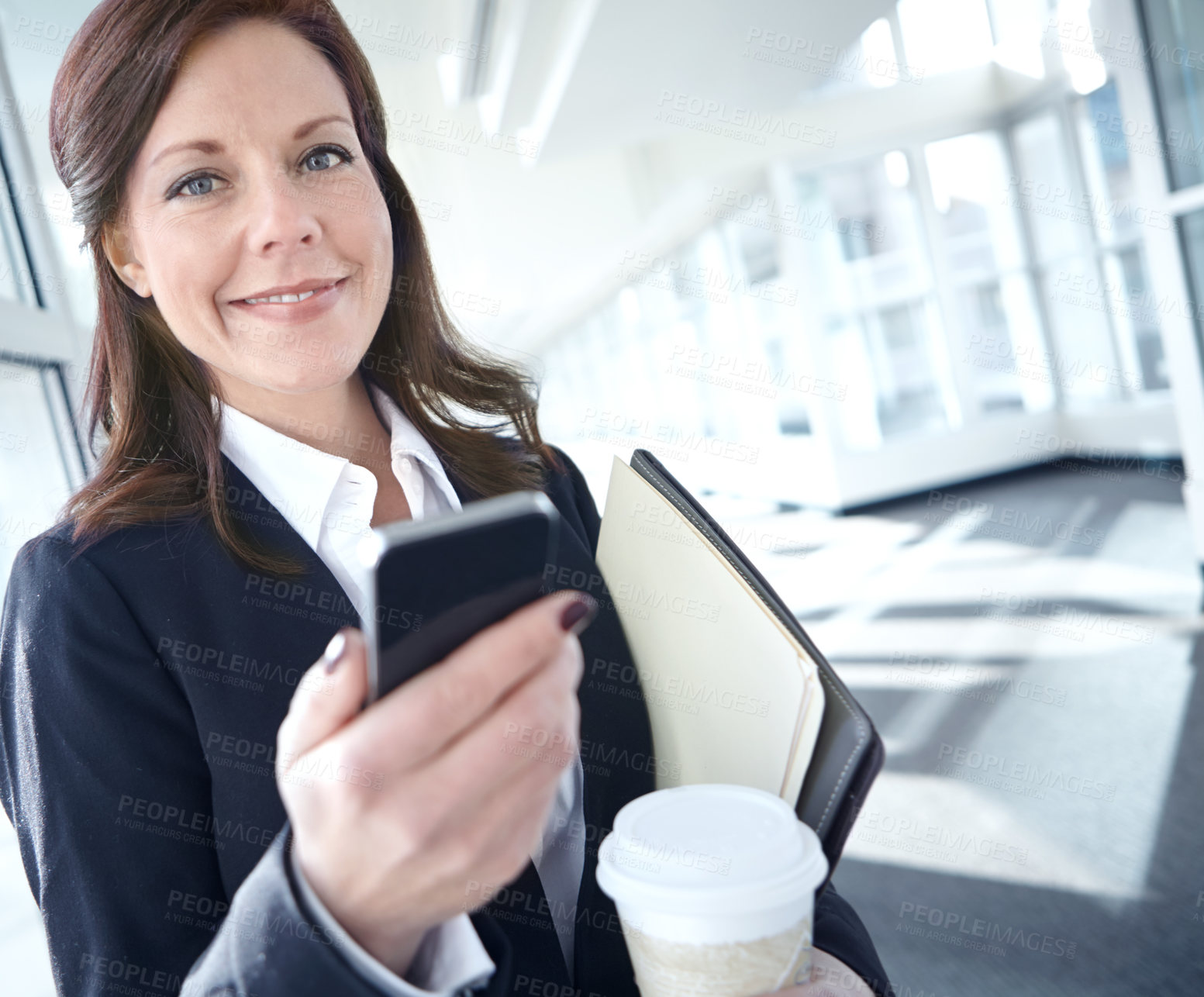 Buy stock photo Businesswoman, smile and attorney portrait with smartphone, coffee or browse internet for court proceedings. Legal, representative and lawyer for communication, law firm or online for justice advice