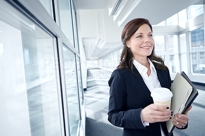 Buy stock photo Coffee, beverage and businesswoman in office with documents, smile or report at legal consultancy. Drinking tea, happy advisor or confident lawyer walking with files, folder and paperwork in law firm