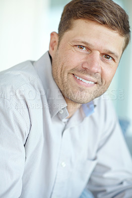 Buy stock photo Portrait, happy and man in office for business, working and pride for career in law firm. Smile, consultant or lawyer and job in agency or company with confidence for advisory and expert in workplace