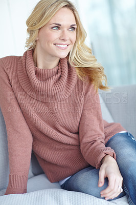 Buy stock photo Woman, daydream and cosy on sofa to relax, rest and reflection for self care in home. Female person, smile and couch for peace or thinking in living room, happy and perspective on lazy in Switzerland