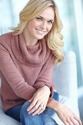 Buy stock photo Portrait, happy woman and relax on sofa in home for comfort and profile picture in lounge in Switzerland. Smile, confidence and fashion blogger in house in casual clothes and jeans for trendy style