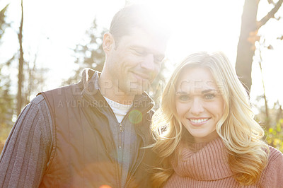 Buy stock photo Portrait, woman and man in nature for support and adventure or love in woods or forest. Happy, Couple or together for outdoor date, picnic and care or travel in morning for anniversary in countryside