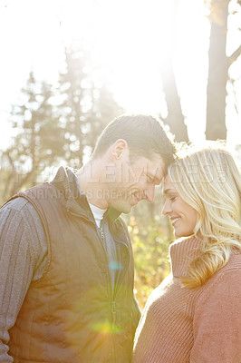 Buy stock photo Together, couple and love in forest for adventure and morning in woods or nature. Man, woman and smile or happy for outdoor date, support and wellness for marriage or engagement, care and travel