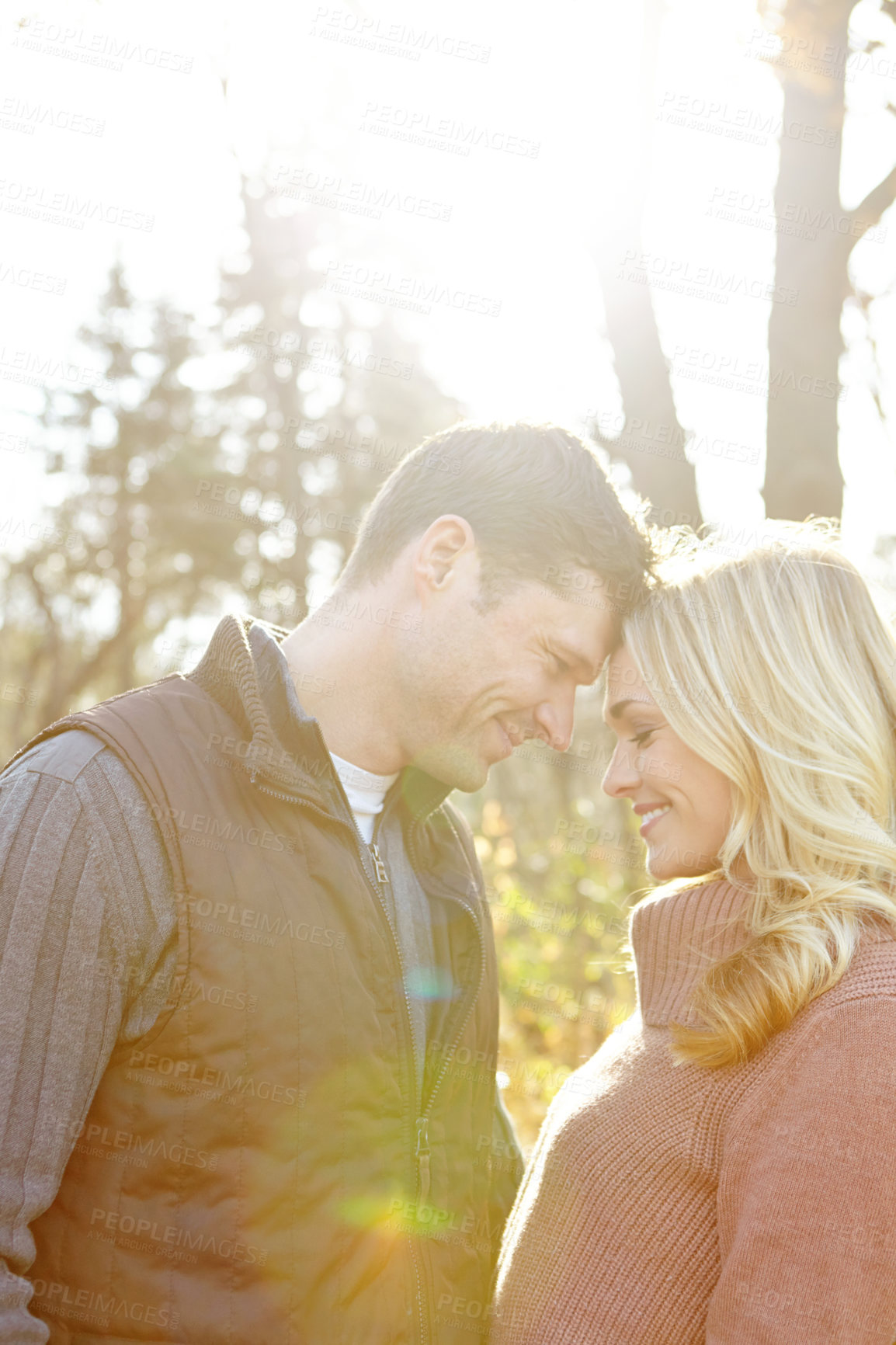 Buy stock photo Together, couple and love in forest for adventure and morning in woods or nature. Man, woman and smile or happy for outdoor date, support and wellness for marriage or engagement, care and travel