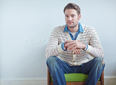 Buy stock photo Man, chair and portrait for retro fashion with confidence for style inspiration, relax and mockup. Male person, white background and designer for vintage clothes, space and hipster cardigan in Canada