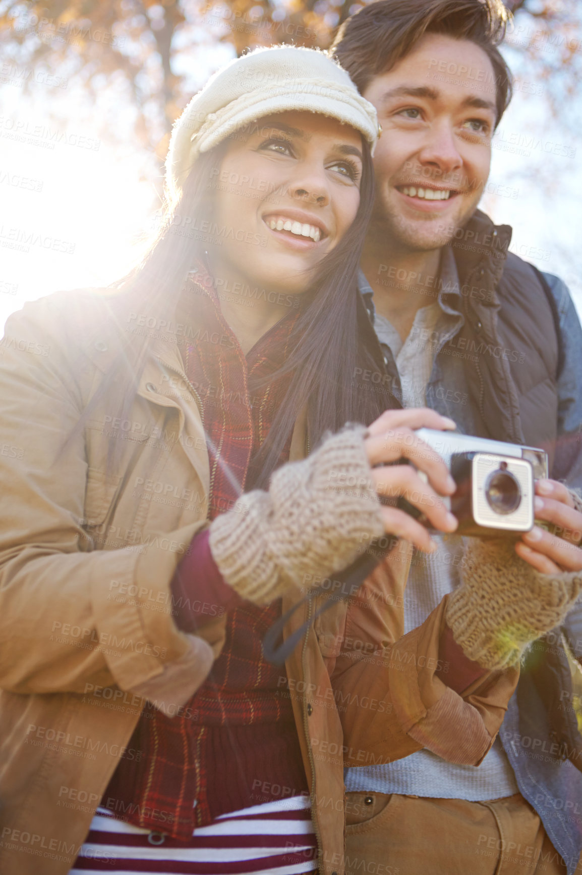 Buy stock photo Happy, couple and photography in nature with camera for hiking and camping in woods or park. Forest, man and woman or photographer outdoor for travel, memory and partner or together for adventure