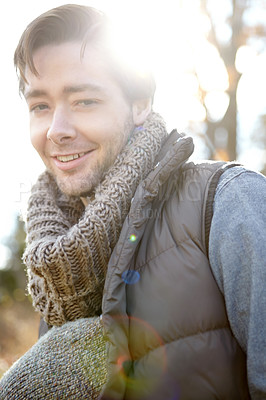 Buy stock photo Trees, hiking and portrait of man with smile for outdoor adventure, confidence and winter holiday in nature. Travel, happy and face of person trekking in forest with peace, calm and camping vacation