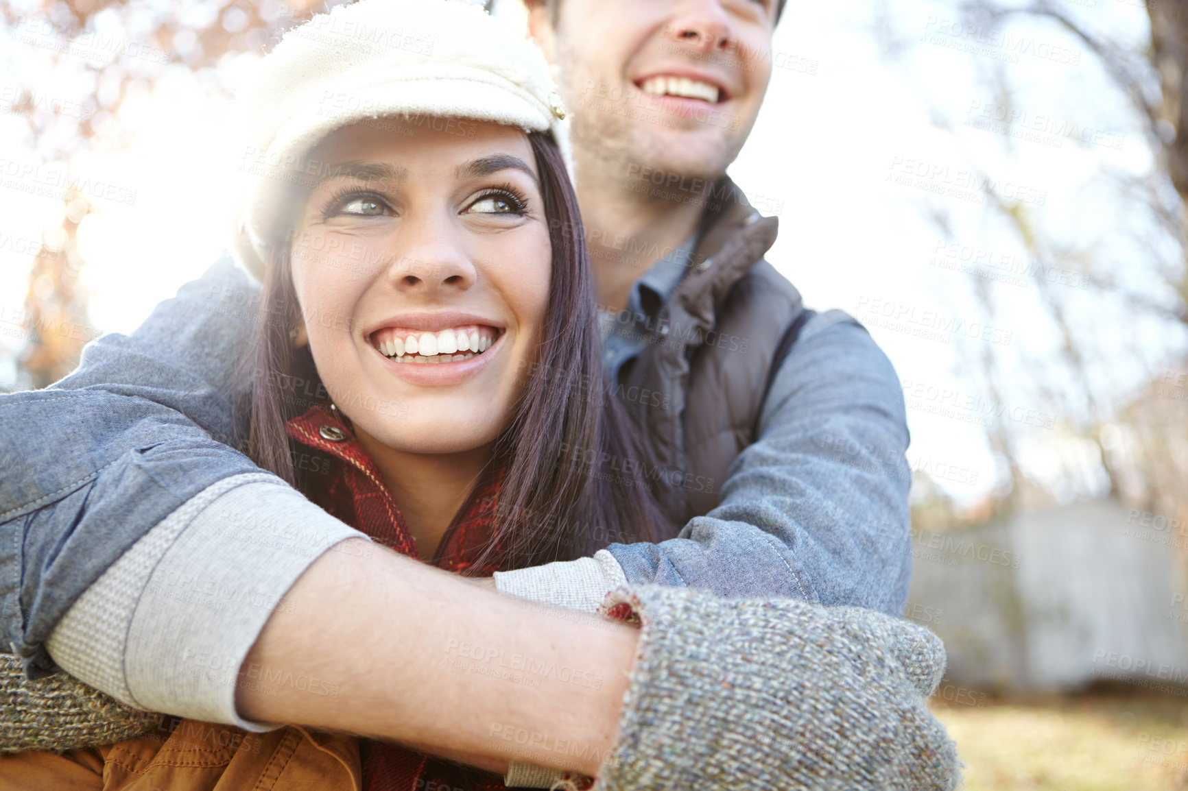 Buy stock photo Happy couple, thinking and hug on nature date for romance, bonding and outdoor park for commitment. People, woods and holiday to relax in winter season for love, pondering and embrace for security