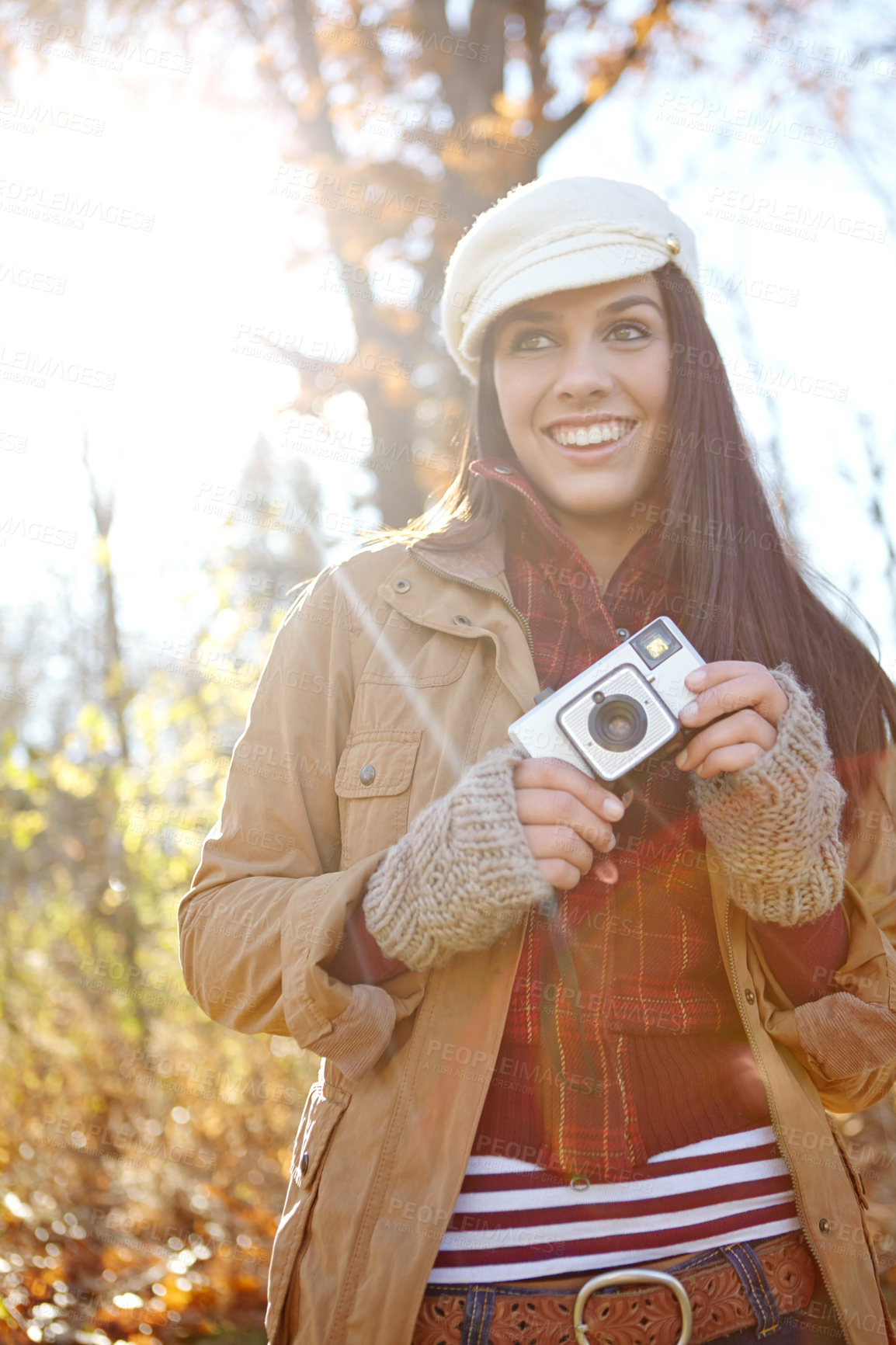 Buy stock photo Woman, thinking and camera for photography outdoor with adventure travel, explore nature and sightseeing memory. Smile, female photographer with vintage equipment for scenery of location picture