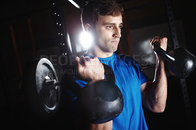 Buy stock photo Man, workout and bicep curl in gym for fitness with kettlebell for arms, growth and muscle development. Athlete, training and challenge with power with iron weights for exercise, health and wellness