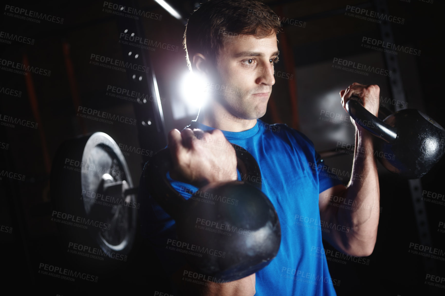 Buy stock photo Man, workout and bicep curl in gym for fitness with kettlebell for arms, growth and muscle development. Athlete, training and challenge with power with iron weights for exercise, health and wellness