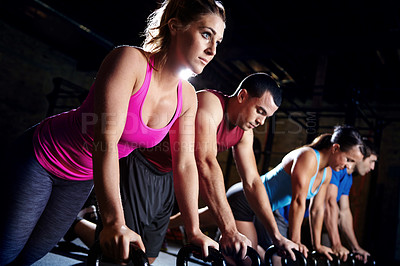 Buy stock photo Fitness, push up and group of people with kettlebell, support and commitment to body workout. Bodybuilder, men and women together in exercise class with dumbbells, power training and teamwork in gym