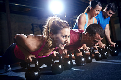 Buy stock photo People, gym and push up with kettlebell for training or exercise for balance, coordination and strength building. Weights, physical cardio and stability for core, muscles and fitness workout with joy