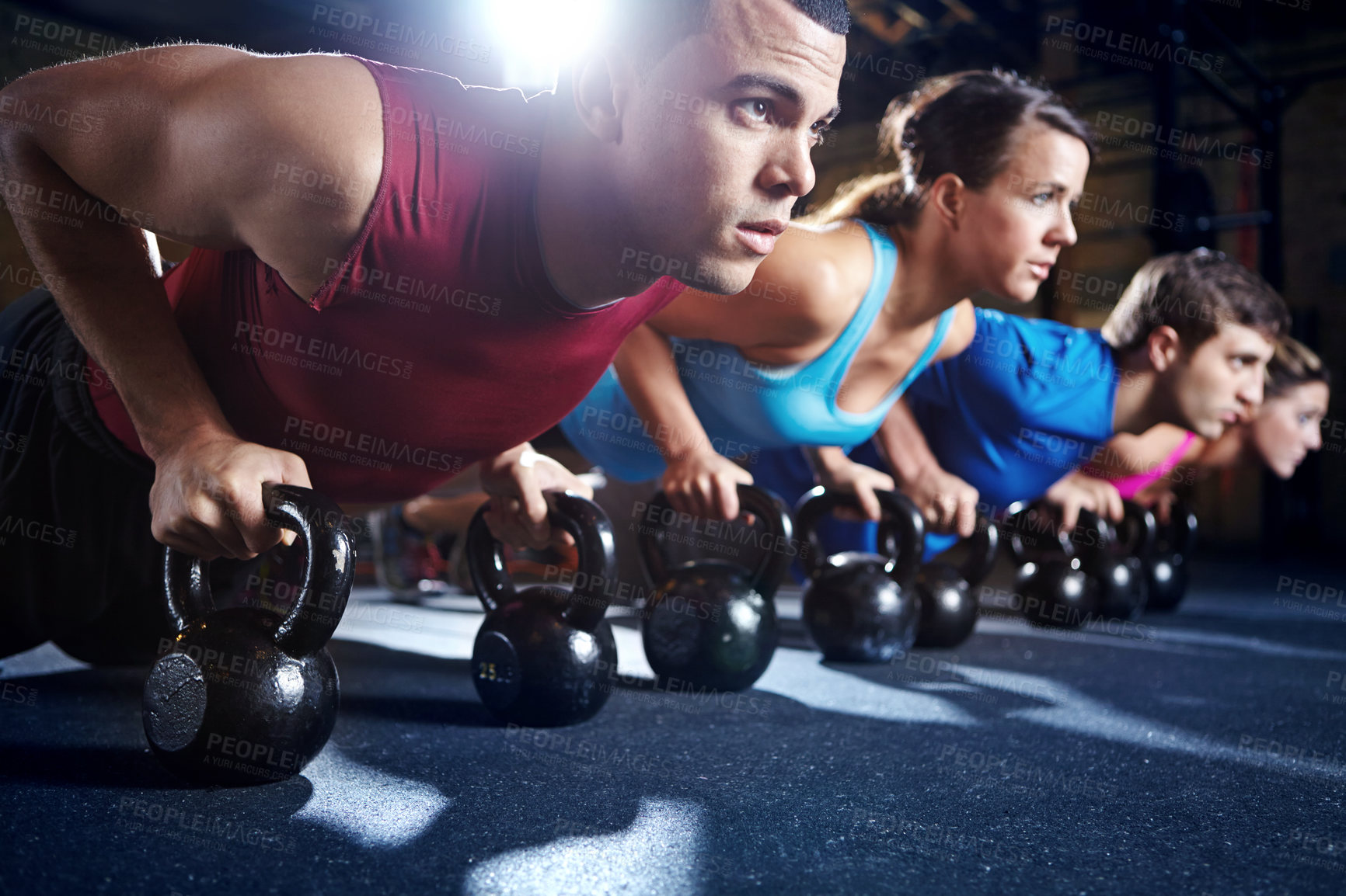 Buy stock photo People, gym and push up with kettlebell for workout or exercise for balance, coordination and strength building. Weights, physical cardio and stability for core, muscles and training for fitness.