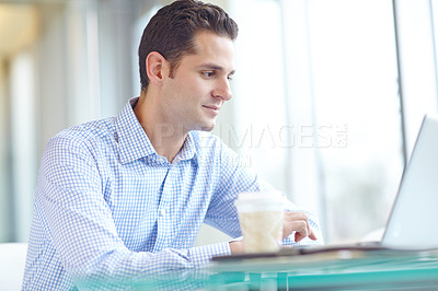 Buy stock photo Man, consultant and lawyer with laptop at office for communication, networking or digital for connection. Male person, technology and typing for business, company or workplace as legal representative