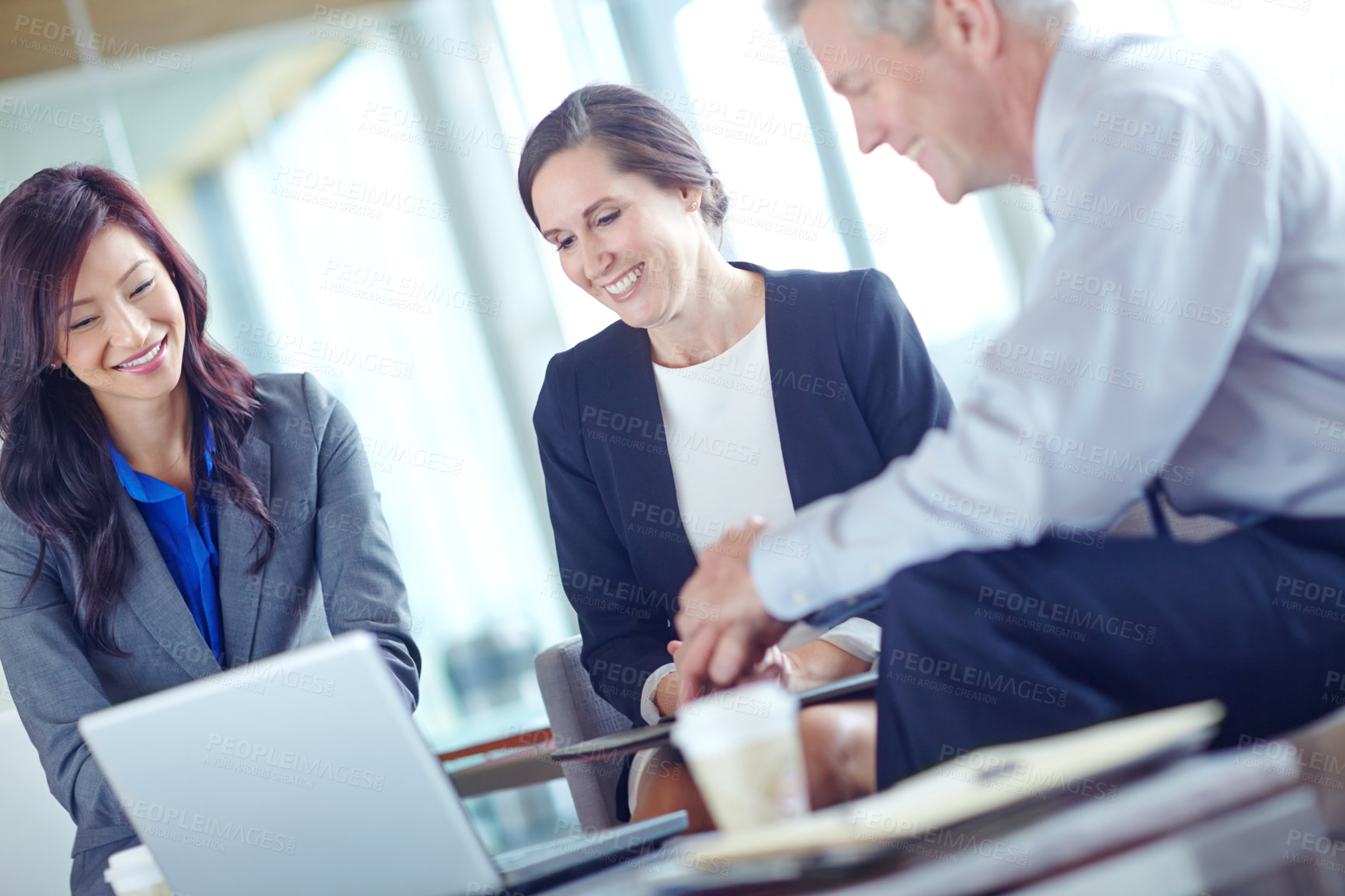 Buy stock photo Discussion, meeting and colleagues in office, smile and reading of proposal with client or online. Investor, planning and happy for funding of business, professional or people with report for project