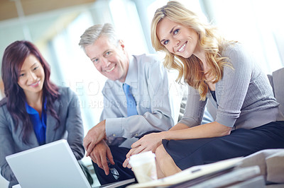 Buy stock photo Discussion, meeting and portrait in office, laptop and reading of proposal with woman and online. Investor, planning and happy for funding of business, professional and people with report for project