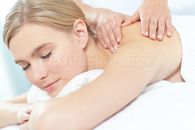 Buy stock photo Back massage, pamper and relax with woman at spa as customer on table for break, treatment or wellness. Luxury, satisfaction and quiet with person on bed as salon client for comfort or stress relief