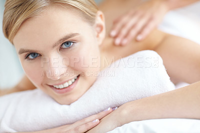 Buy stock photo Massage, relax and smile with portrait of woman at spa as customer on table for break, treatment or wellness. Luxury, pamper and satisfaction with face of person at salon for comfort or stress relief