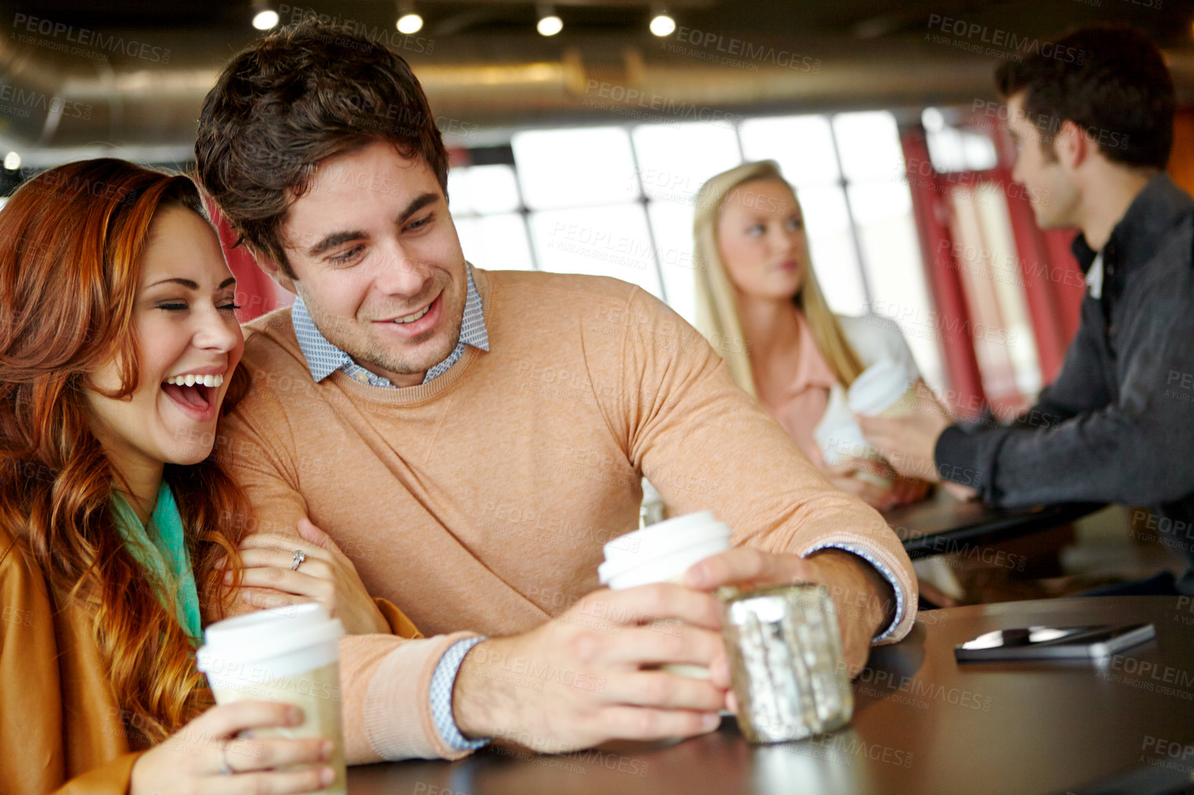 Buy stock photo Laughing, joke or couple at coffee shop to relax on romantic, anniversary or morning date. Smile, happy or funny people bonding at cafeteria, breakfast or restaurant for drinking cappuccino together