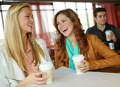 Buy stock photo Funny, laughing or girl friends at cafe to relax for humor, reunion or morning chat together. Women, joke or happy people bonding at coffee shop, diner or restaurant for drinking cappuccino beverage