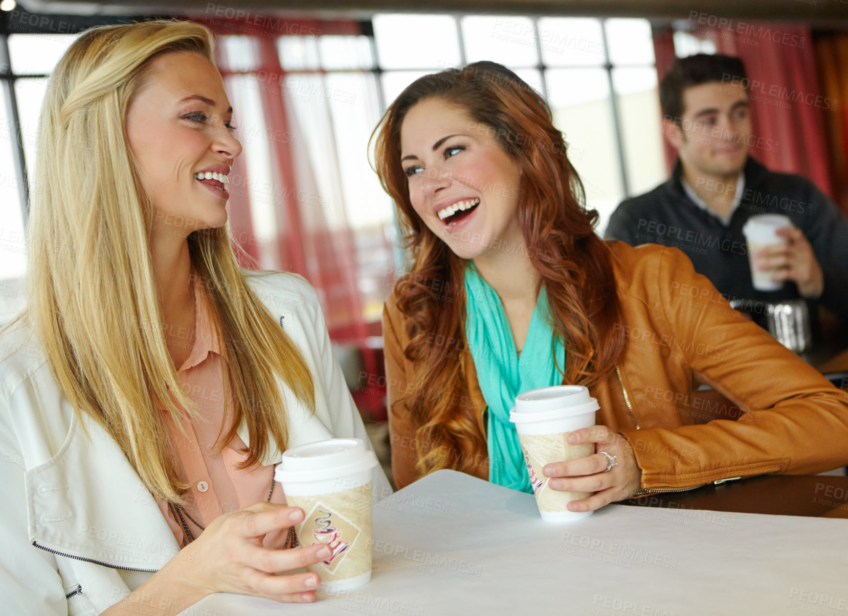 Buy stock photo Funny, laughing or girl friends at cafe to relax for humor, reunion or morning chat together. Women, joke or happy people bonding at coffee shop, diner or restaurant for drinking cappuccino beverage