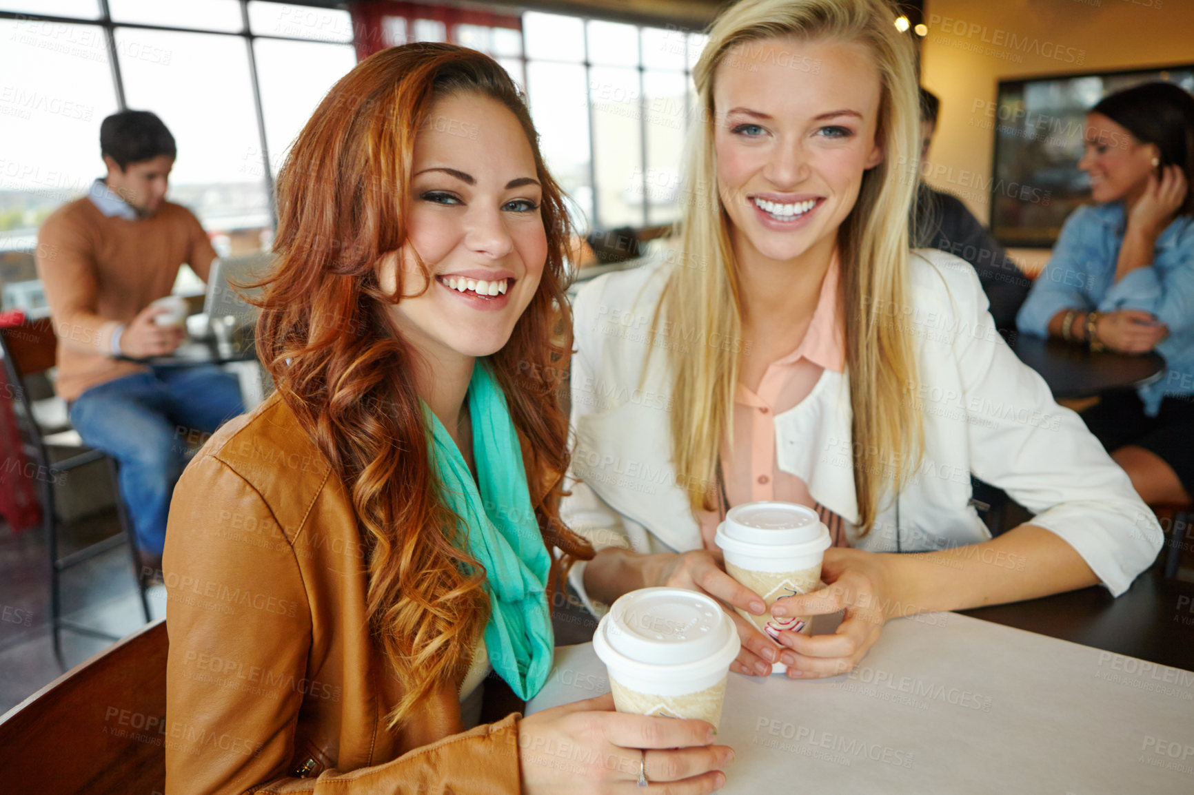 Buy stock photo Happy, portrait or girl friends at coffee shop to relax on reunion or morning chat in diner together. Women, smile or confident people bonding at cafe or restaurant for drinking cappuccino beverage