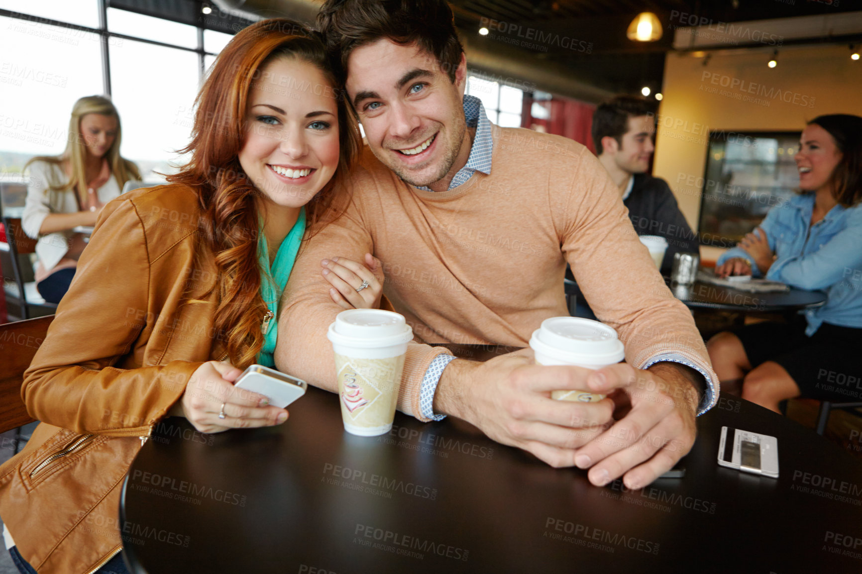 Buy stock photo Portrait, phone and happy couple in cafe with drink on restaurant date together. Face, man and woman smile at coffee shop with partner for love, healthy relationship and scroll social media on app