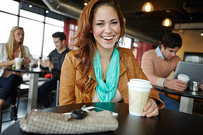 Buy stock photo Portrait, laugh and woman drinking coffee in cafe for relax, comedy and funny joke. Face, happy girl and customer at restaurant with latte, cappuccino and enjoying fresh morning beverage for energy