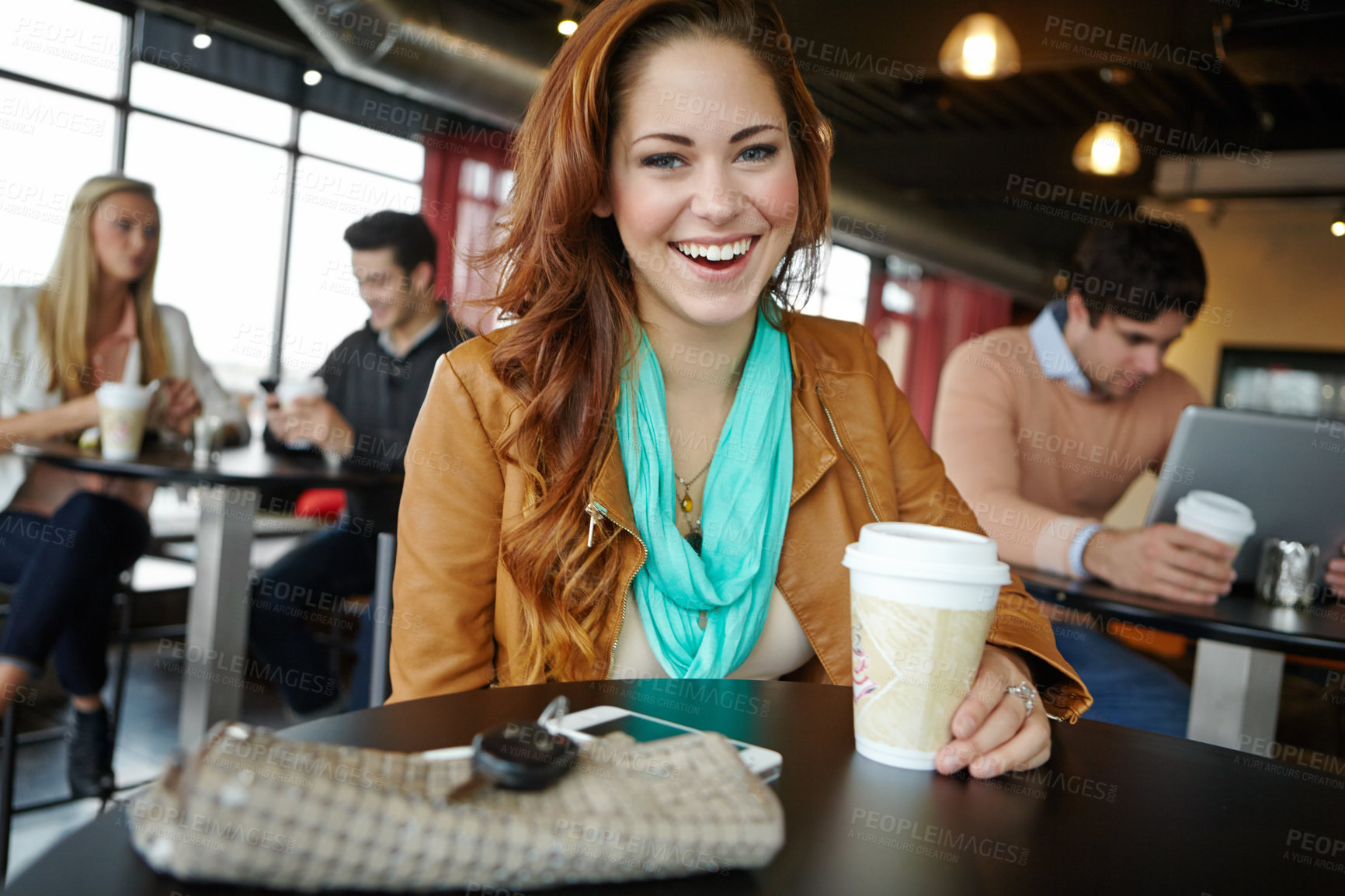 Buy stock photo Portrait, laugh and woman drinking coffee in cafe for relax, comedy and funny joke. Face, happy girl and customer at restaurant with latte, cappuccino and enjoying fresh morning beverage for energy