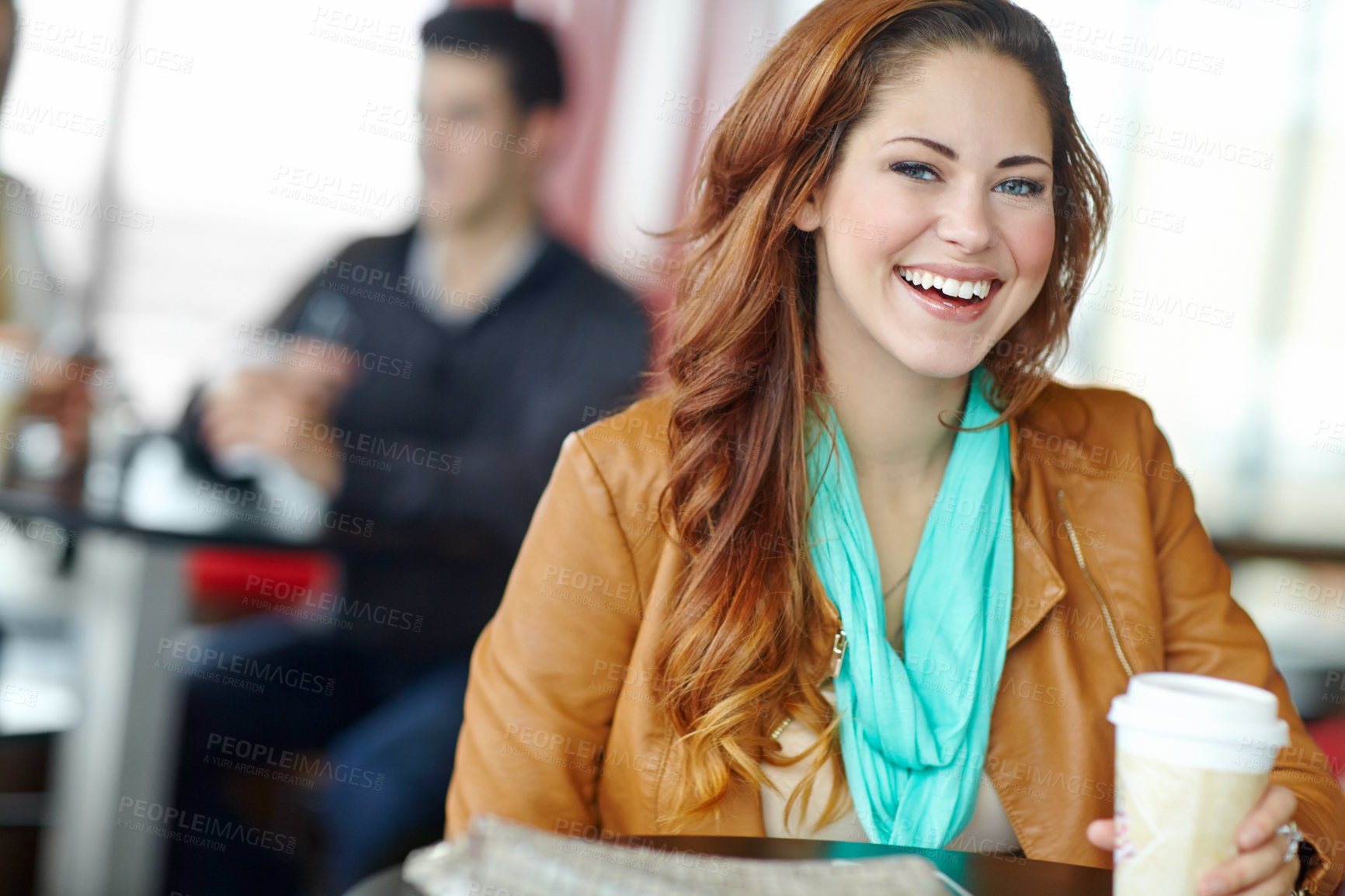 Buy stock photo A beautiful young woman sitting in a coffee shop and enjoying some coffee