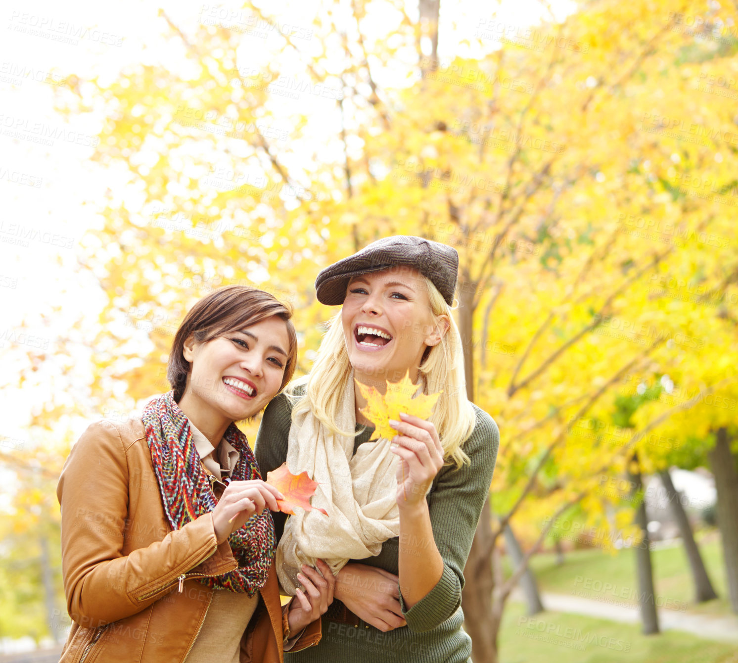 Buy stock photo Women, portrait and people with leaves in autumn for outdoor environment, adventure or season change. Smile, happy and friends with foliage in park for holiday, travel and vacation together in Canada