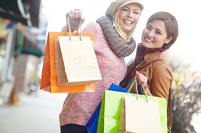 Buy stock photo Shopping bag, friends and portrait of women in city for sale, discount and store promotion. Fashion, happy and people together for bonding, mall purchase and relax for retail, boutique and market