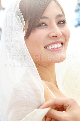 Buy stock photo Japanese woman, wedding and veil with smile in portrait, nature and park with celebration for milestone. Person, bride and tulle scarf for event, culture and excited outdoor with sunshine in garden