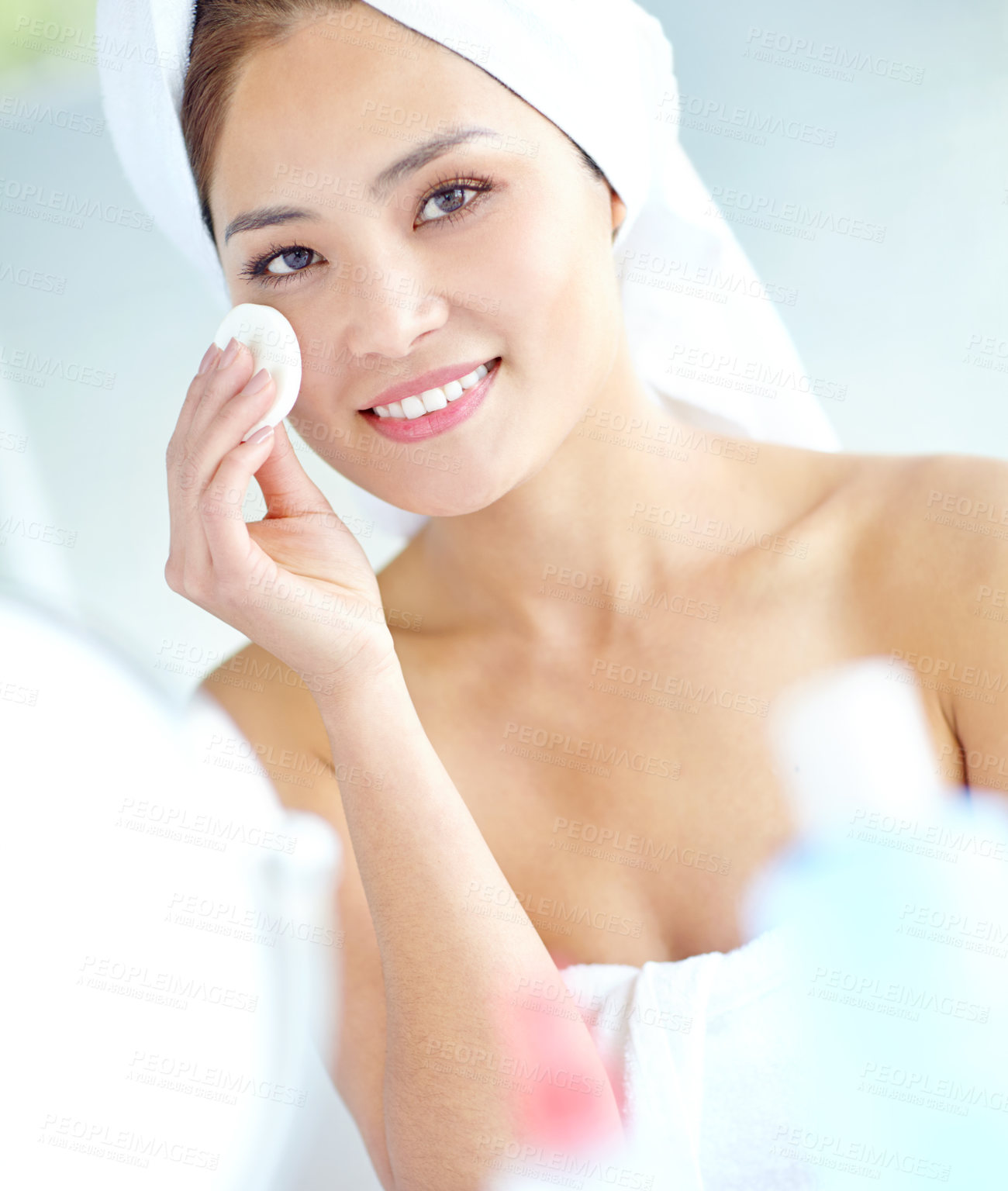 Buy stock photo Asian woman, portrait and cotton pad for skincare, toner and makeup remover in house with mirror after shower. Person, face and beauty routine in home for cleaning, dermatology and healthy skin